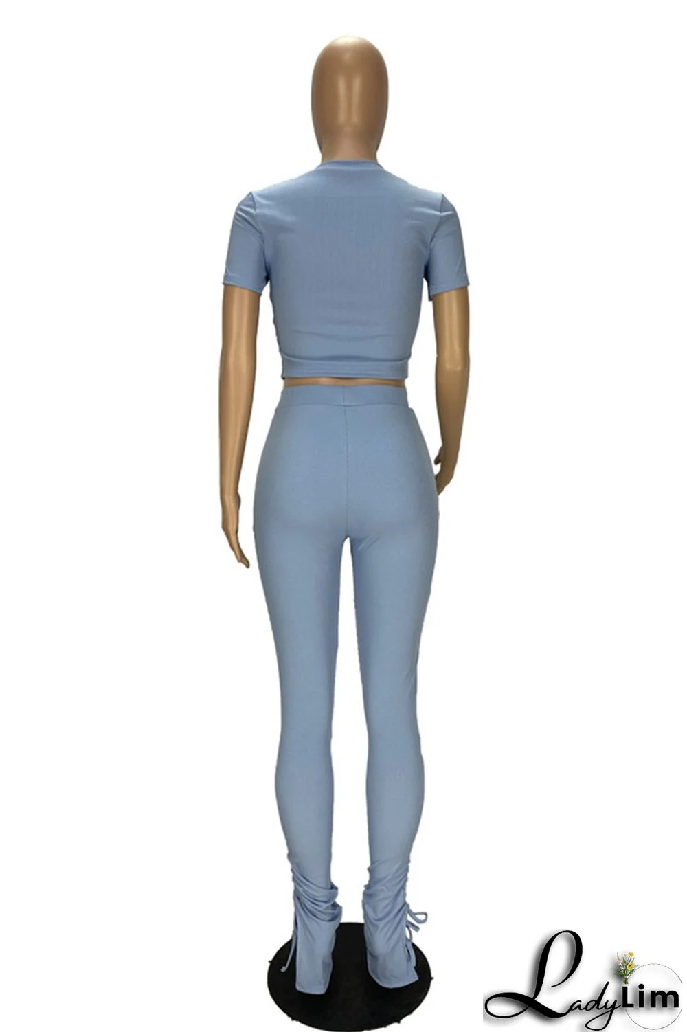 Khaki Fashion Casual Solid Draw String Frenulum O Neck Short Sleeve Two Pieces