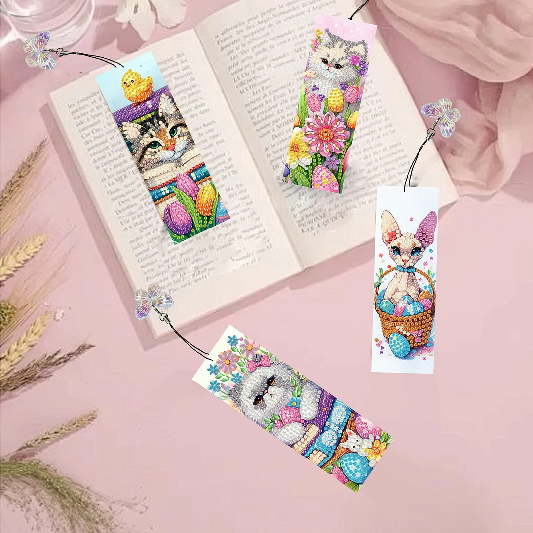 12Pcs Easter Cats DIY Diamond Art Painting Bookmark for Reading Enthusiasts