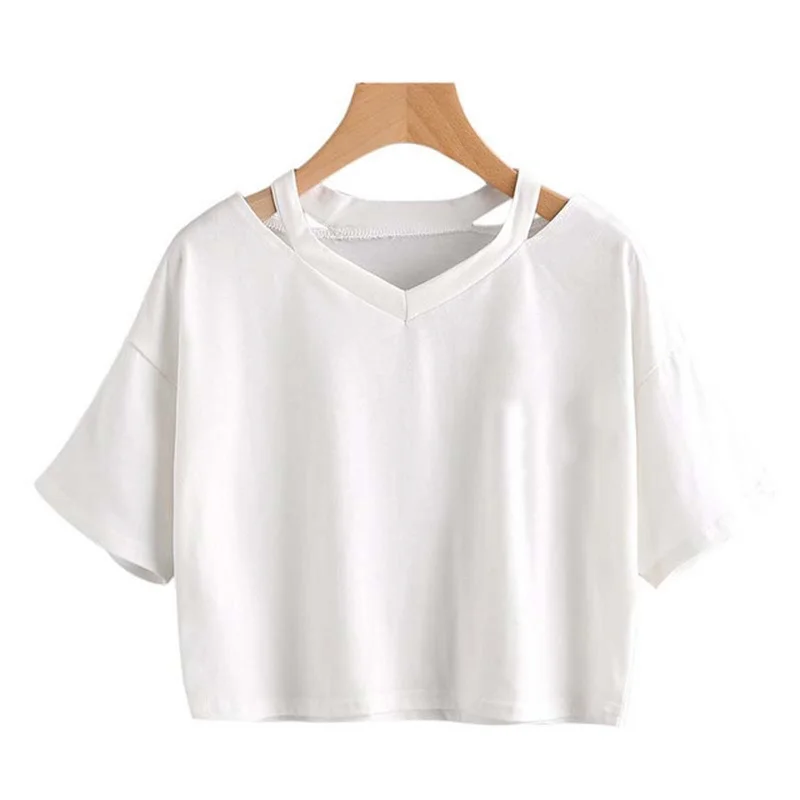 Brownm Brownm Wind Open Shoulder Hollow Out Sexy Solid Color T-Shirt V Collar Women's Short-Sleeved Loose Female Top