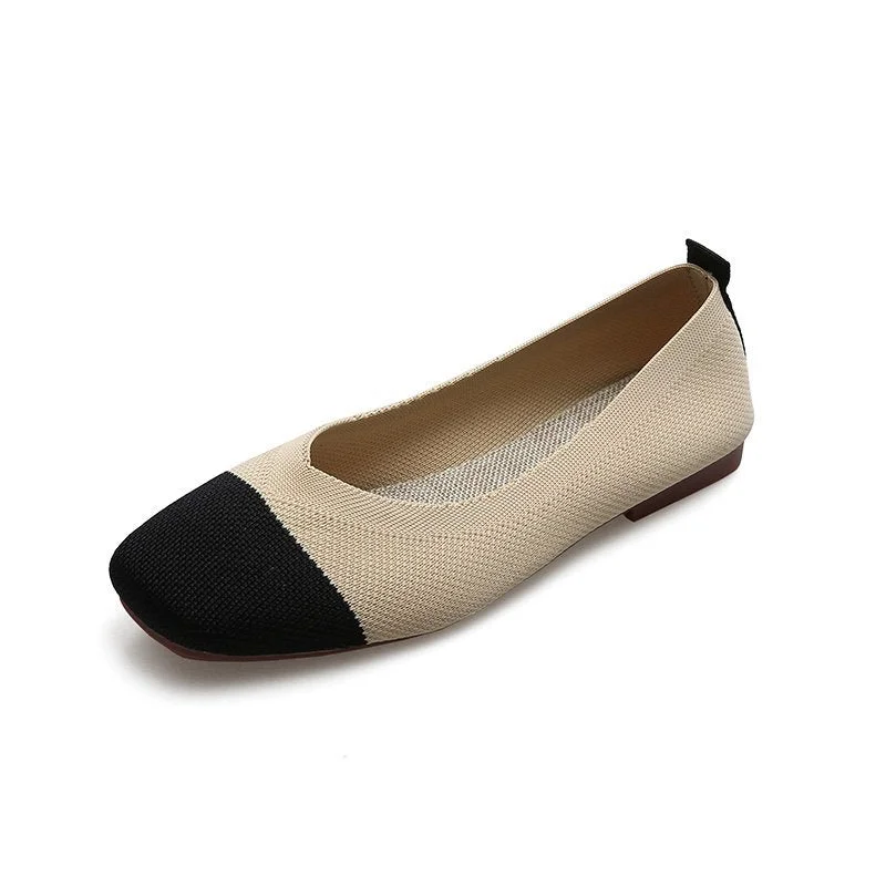 2021Women Flats Ballet Shoes Breathable Knitted Square Toe Moccasins Thick Heels Beige Yellow Flat Ballerina Shallow Female