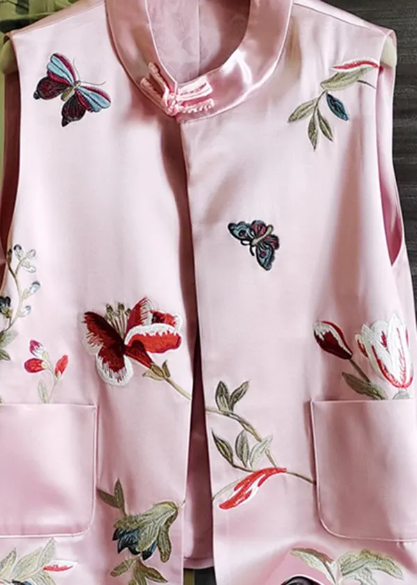 Women Pink Stand Collar Embroideried Patchwork Silk Vest Sleeveless