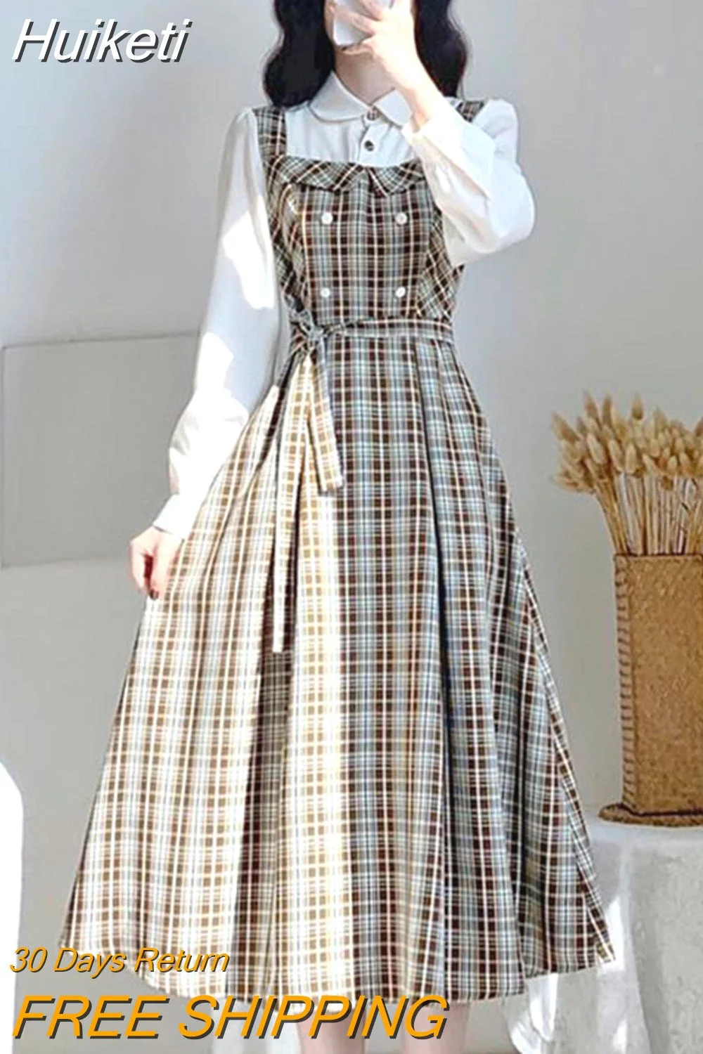 Huiketi French Vintage Plaid Dress Women Fake Two Pieces Autumn Preppy Style Vestidos Elegant Patchwork Long Sleeve Dress