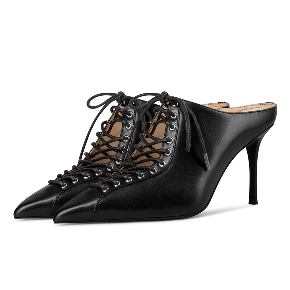 Black Lace Up Pointed Toe Women's Mules Shoes with Stiletto Heel Nicepairs