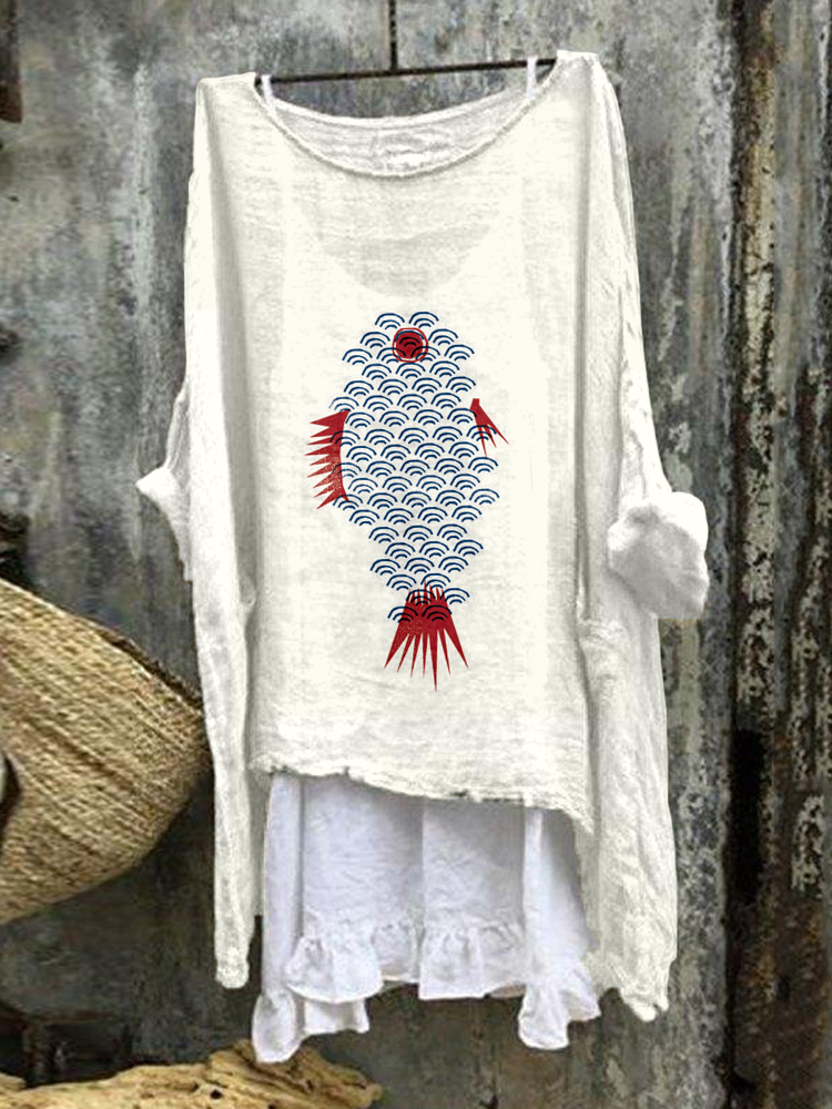 Comstylish Japanese Inspired Fish Art Linen Blend Flowy Tunic