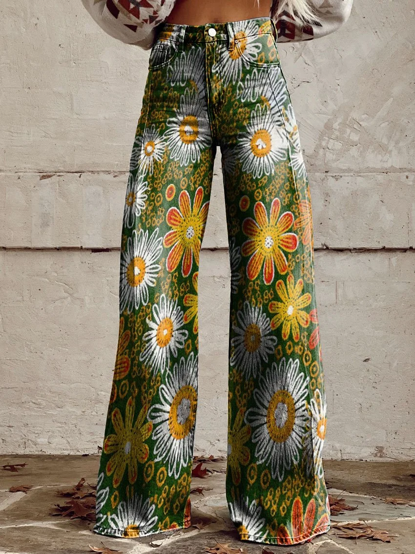 Women's Vintage Flower Daisy Print Casual Wide Leg Pants