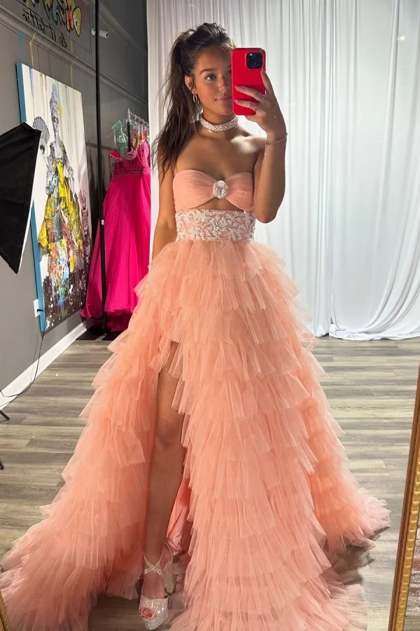 Pearl Pink Lovely Tulle Strapless Bow-knot Prom Dress ZT0503