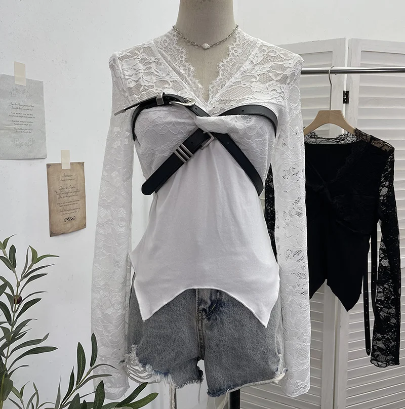 Nigikala Nigikala Shooting Babes V-Neck Lace Lace Splicing Belt Long Sleeve Design Irregular Short Bottom Top 2752