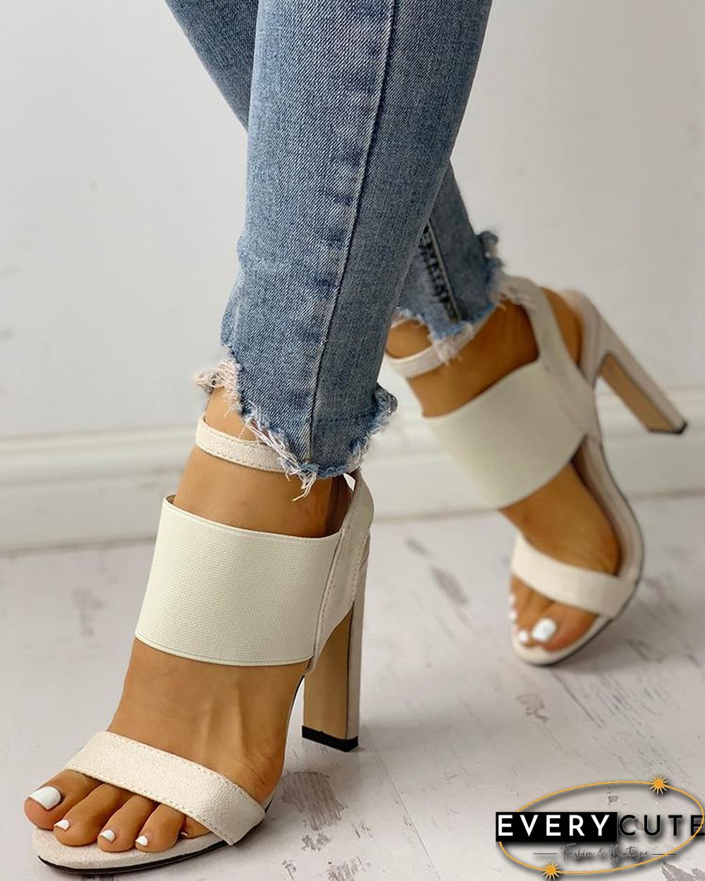 Open Toe Elastic Strap Heeled Sandals