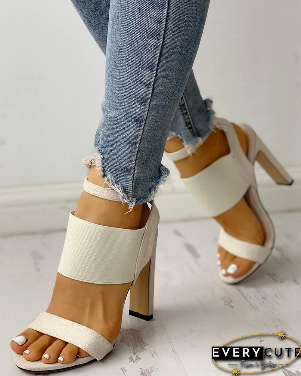 Open Toe Elastic Strap Heeled Sandals