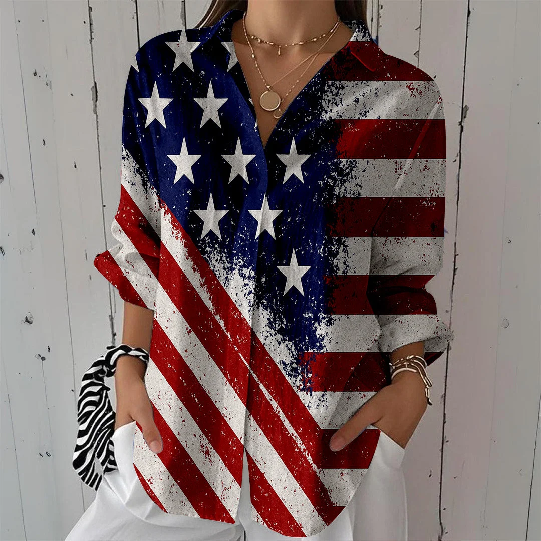 Style & Comfort for Mature Women Women  Independence Day, Star, Striped, Blue, Red DZCL0247 3/4 Sleeve Shirt Collar Printed Button Tops
