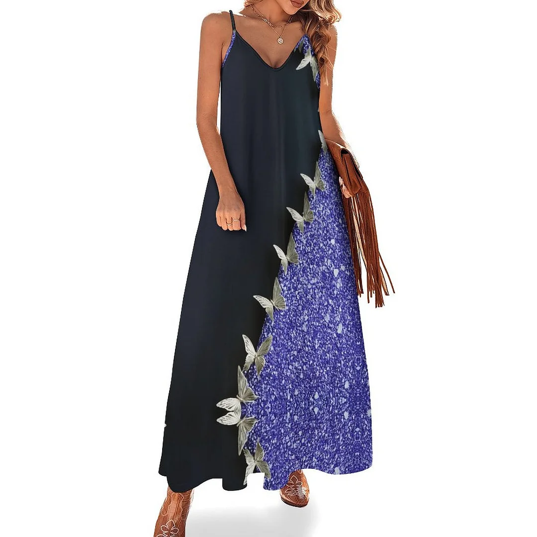 Style & Comfort for Mature Women Plus Size Printed Sling Casual Women Maxi Dress in Pattern Purple, Butterfly, Glitter