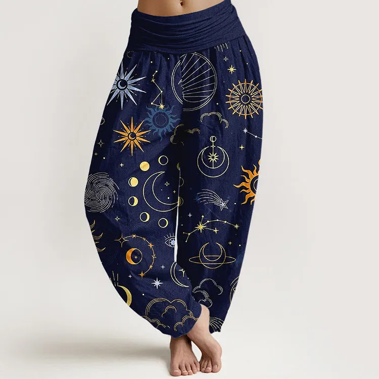 Cotton Moon Sun Cloud Star Constellation Pattern Women's Elastic Waist Harem Pants
