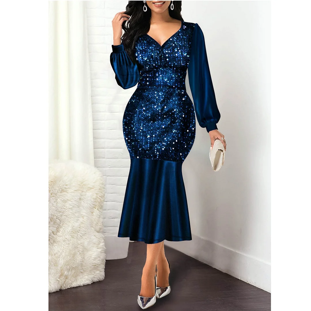 Women's Mermaid Dress Sequins Deep V-Neck Sexy Maxi Plus Size Dress