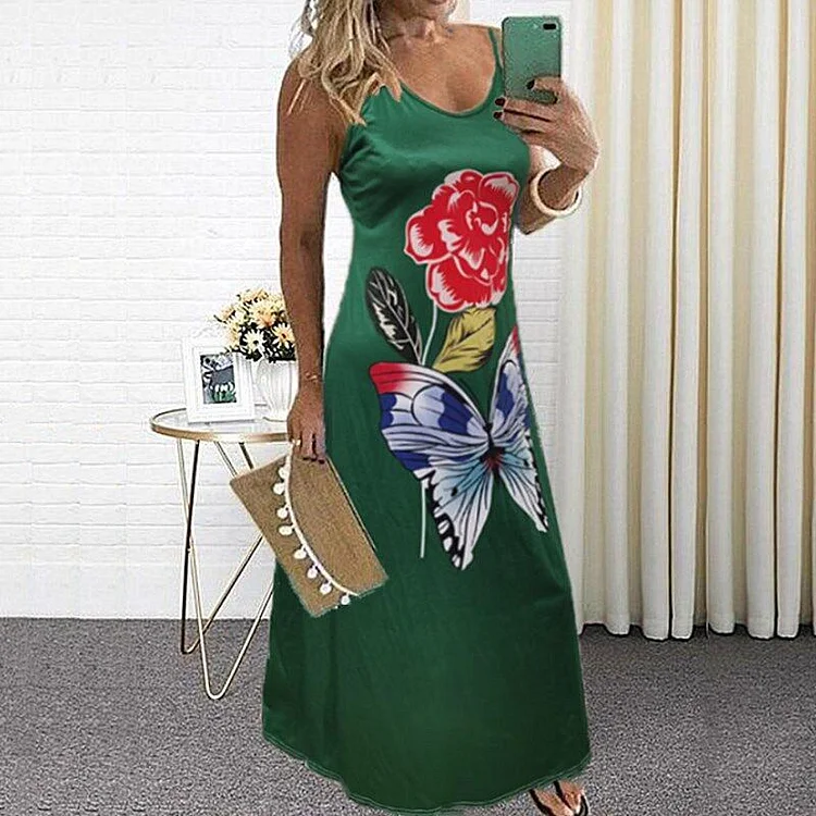 Butterfly Flower Print Suspender Dress-Mayoulove