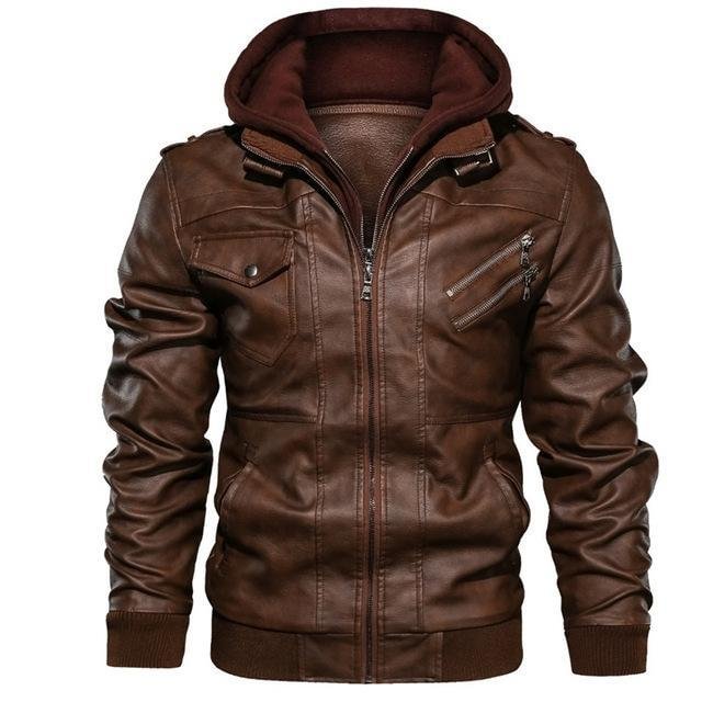 Men's Leather Jackets New Casual Motorcycle Removable Hood Winter PU Zipper Jacket Leather Coats - VSMEE