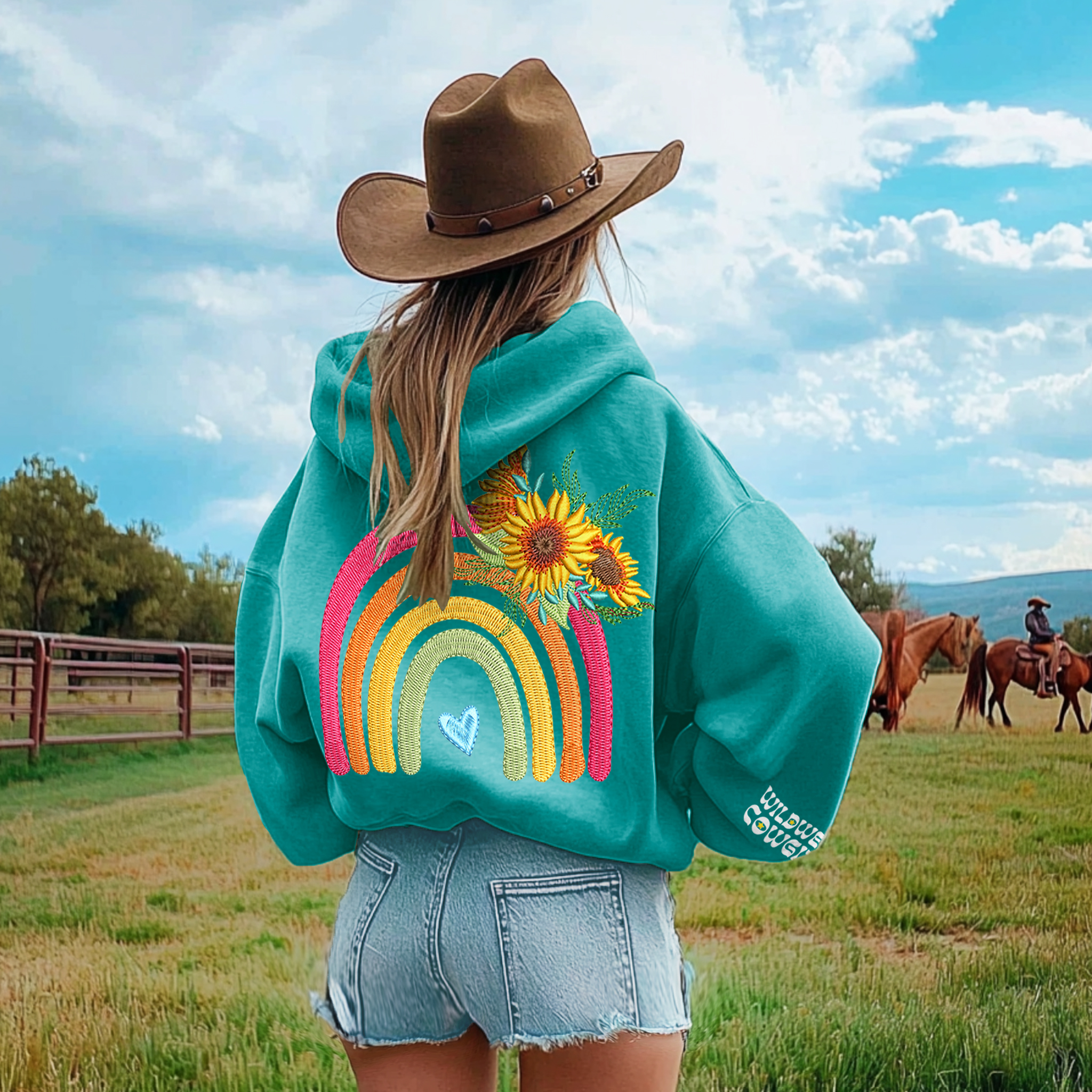 Women's Western CowGirl Color Rainbow Embroidered Hoodie