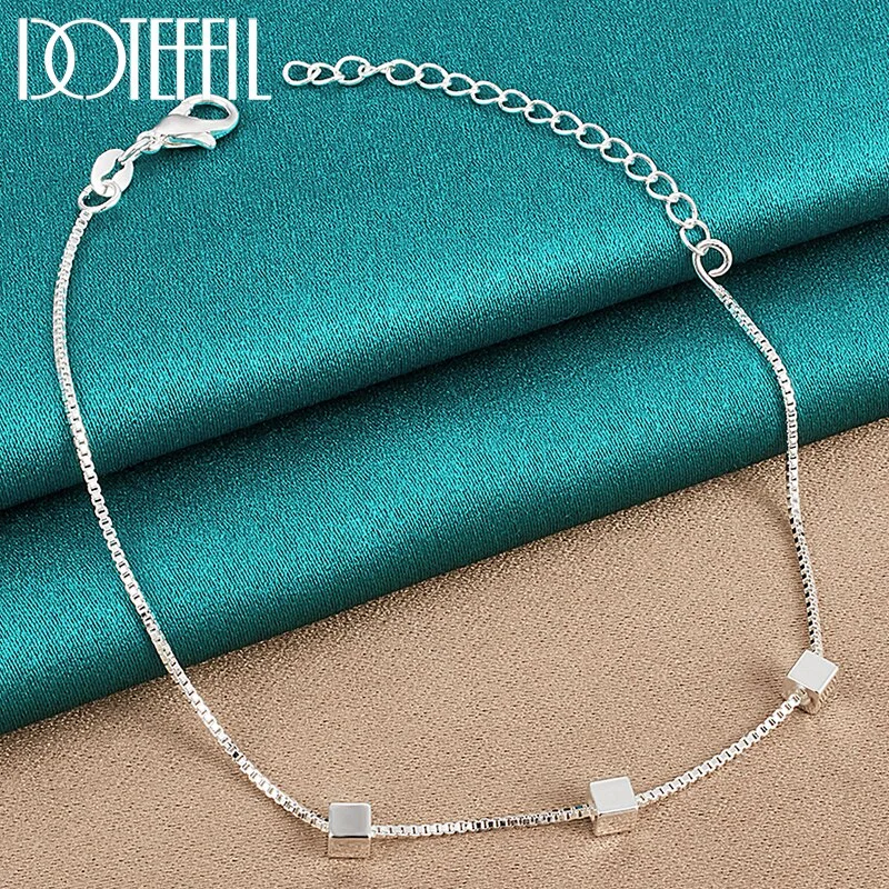 925 Sterling Silver Box Chain Slide 4mm Square Pendant Bracelet For Women Jewelry