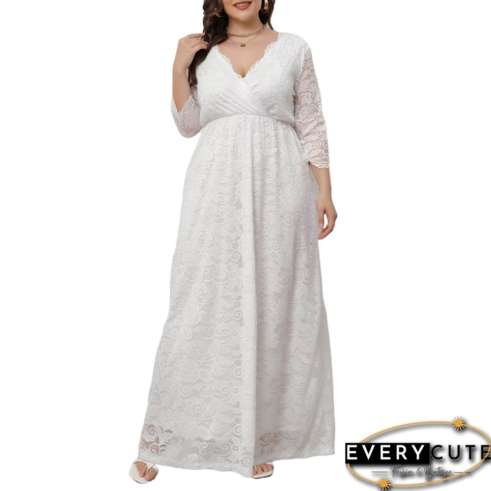 White V Neck Lace Plus Size Evening Dress
