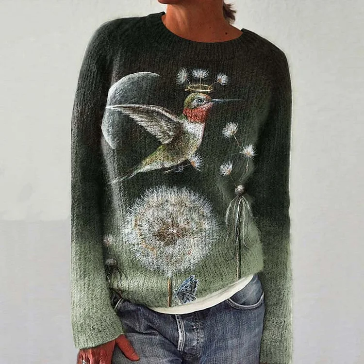 Comstylish Forest Flowers And Birds Print Casual Long Sleeve Sweater