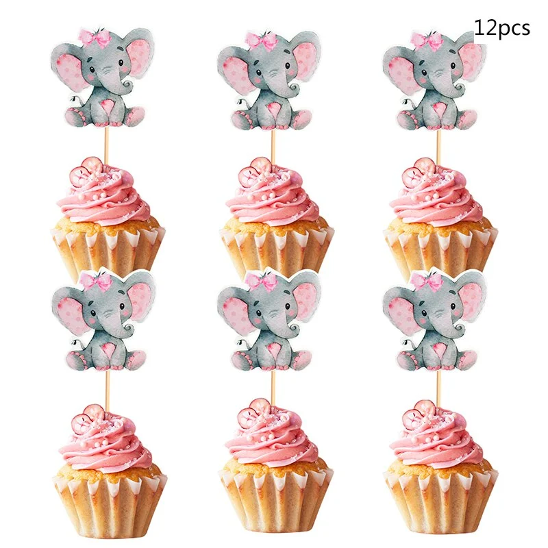 Cifeeo  12Pcs Blue Pink Elephant Cupcake Topper Happy Birthday Party Cake Decoration Baby Shower Favors Gender Reveal Party Supplies