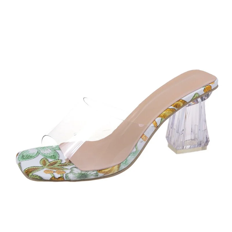 Tanguoant Pattern Sandals Open Toe High Heels Women's Transparent Plexiglass Slippers Heel Transparent Sandals PVC Casual Slippers