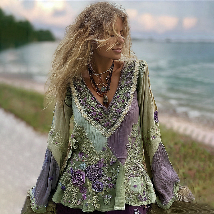 VChics Vintage Purple Lavender And Floral Embroidered Linen V Neck Long Sleeve Shirt