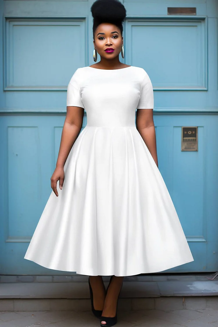 Xpluswear Design Plus Size Semi Formal White Round Neck Short Sleeve Midi Dresses 2024 - Xpluswear