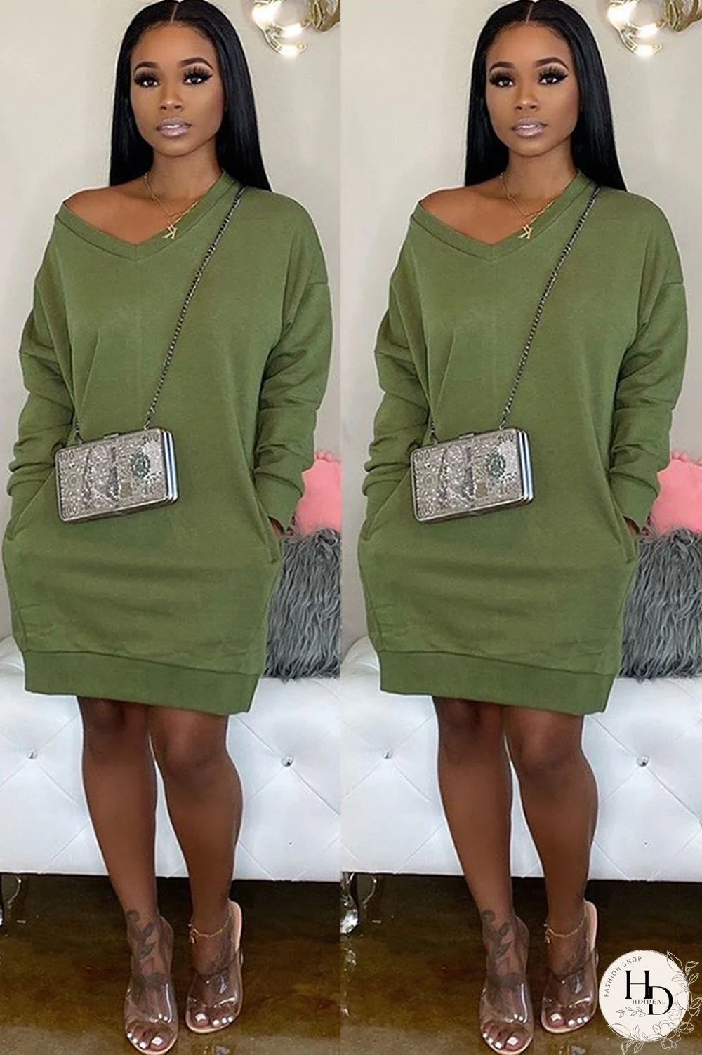 Olive green Acetyl fiber Sexy Cap Sleeve Long Sleeves V Neck Straight Knee-Length Solid