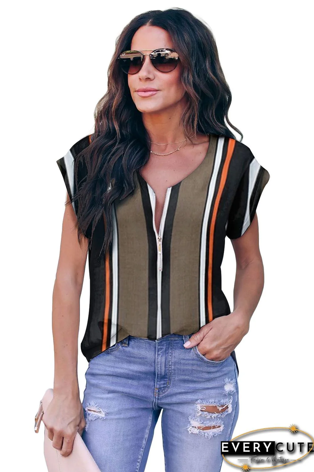 Black V Neck Stripes Roll up Short Sleeve Zip Up Blouse