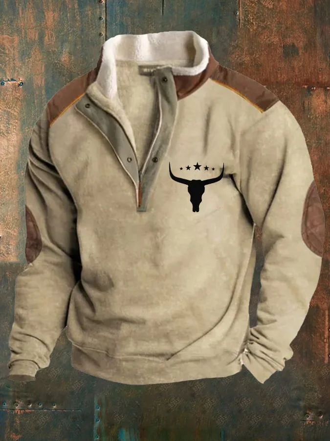 Men's Western Bull Skull Print Casual Fur Collar Pullover