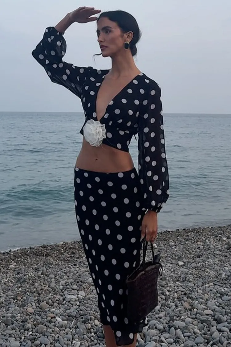 Polka Dot V-Neck Crop Skirt Two Pieces Set