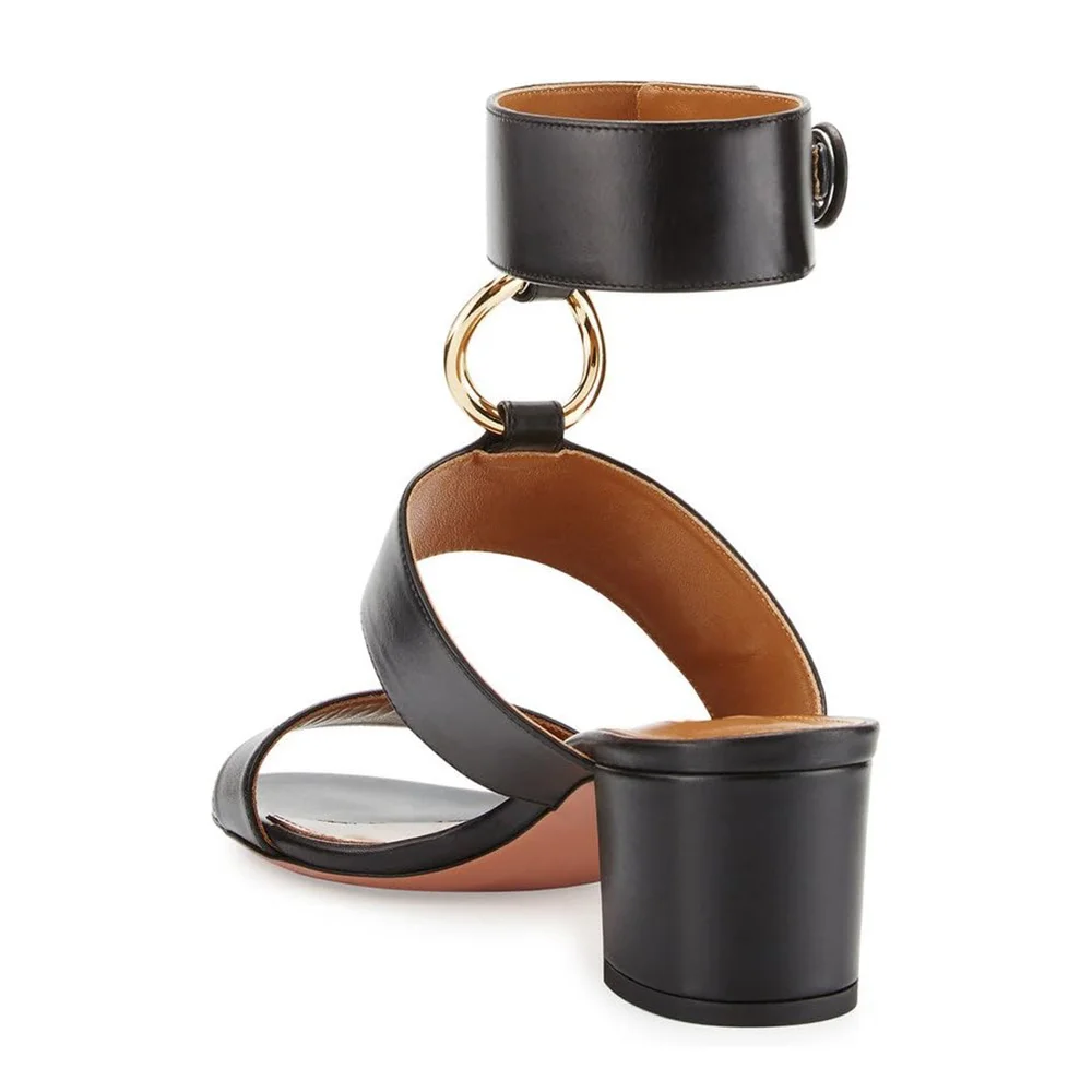 Black Vegan Leather Round Toe Block Heel Sandals with Ankle Strappy