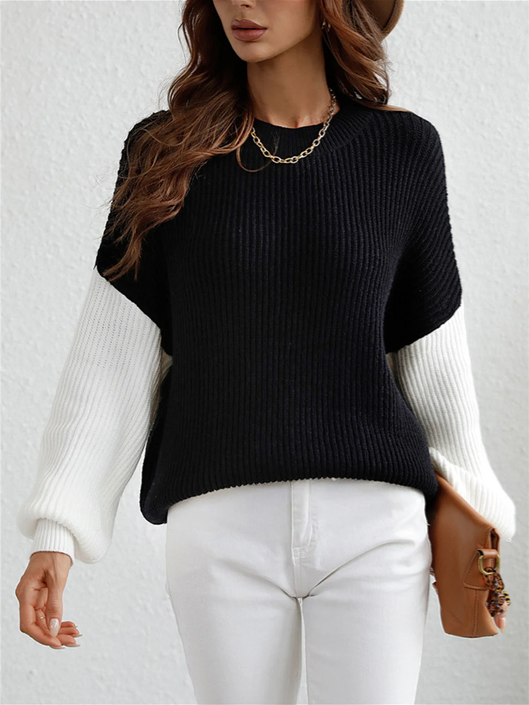 Women's Long Sleeve Scoop Neck Stitching Top Knit Sweater