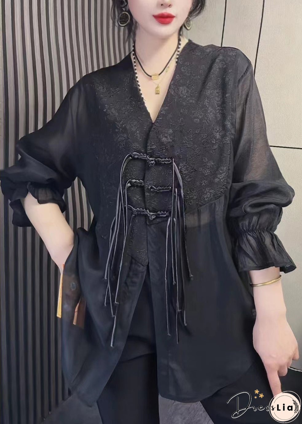 Women Black Tasseled Chinese Button Patchwork Chiffon Shirt Tops Fall