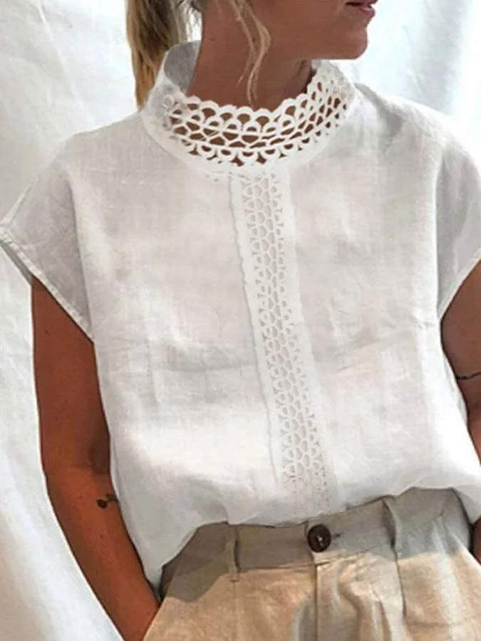Women's Cotton Linen Lace Turtleneck Shirt socialshop