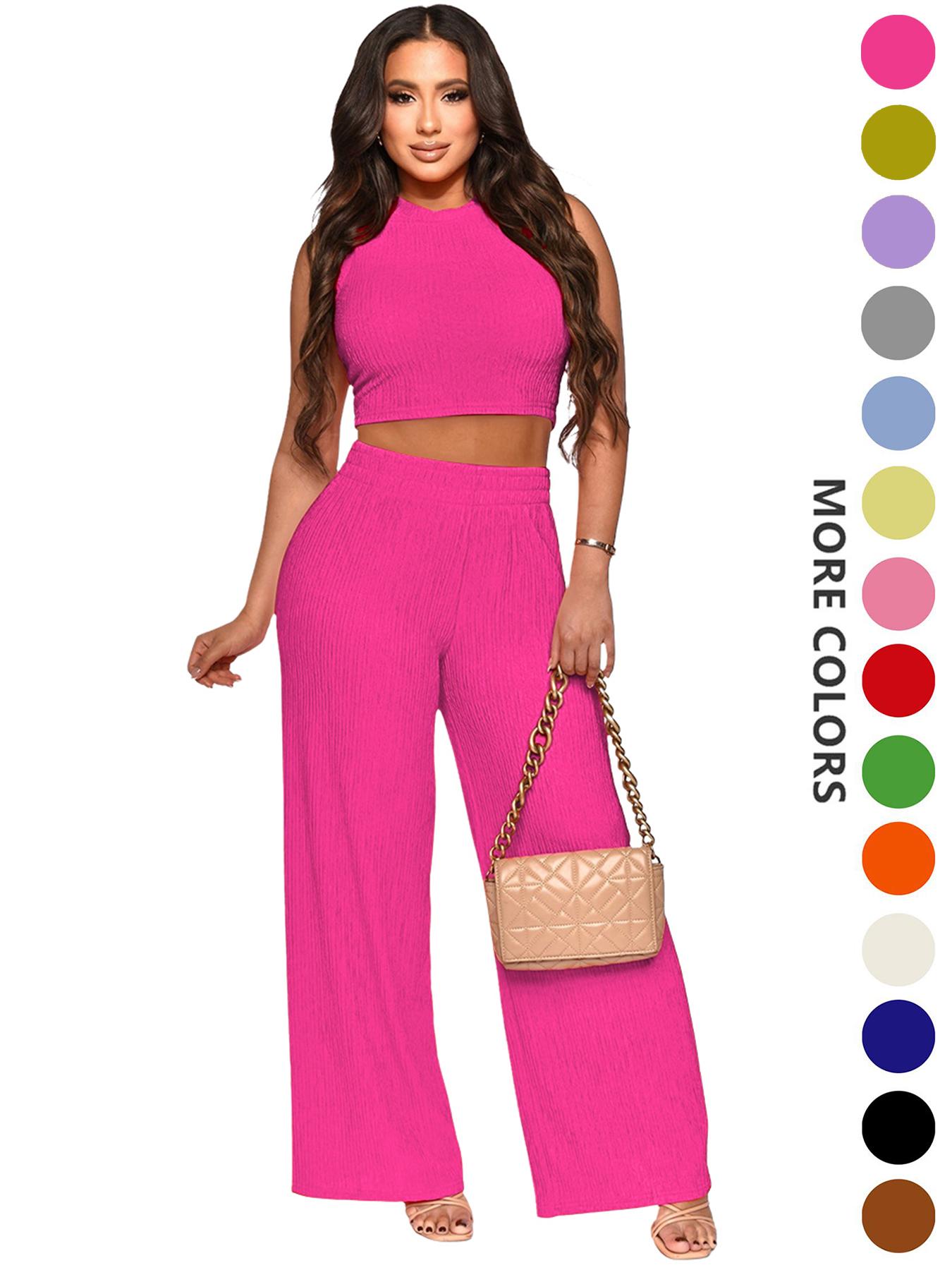 Two-Piece Set Women's Solid Textured Knit Fabric Co-ord Set Suits, Casual Round Neck Crop Tank Top & High Waist Wide Leg Pants Set, Ladies Summer Fit Clothes for Daily Wear, Womenswear Two-Piece Set Women's Solid Textured Knit Fabric Co-ord Set Suits, Casual Round Neck Crop Tank Top & High Waist Wide Leg Pants Set, Ladies Summer Fit Clothes for Daily Wear, Womenswear