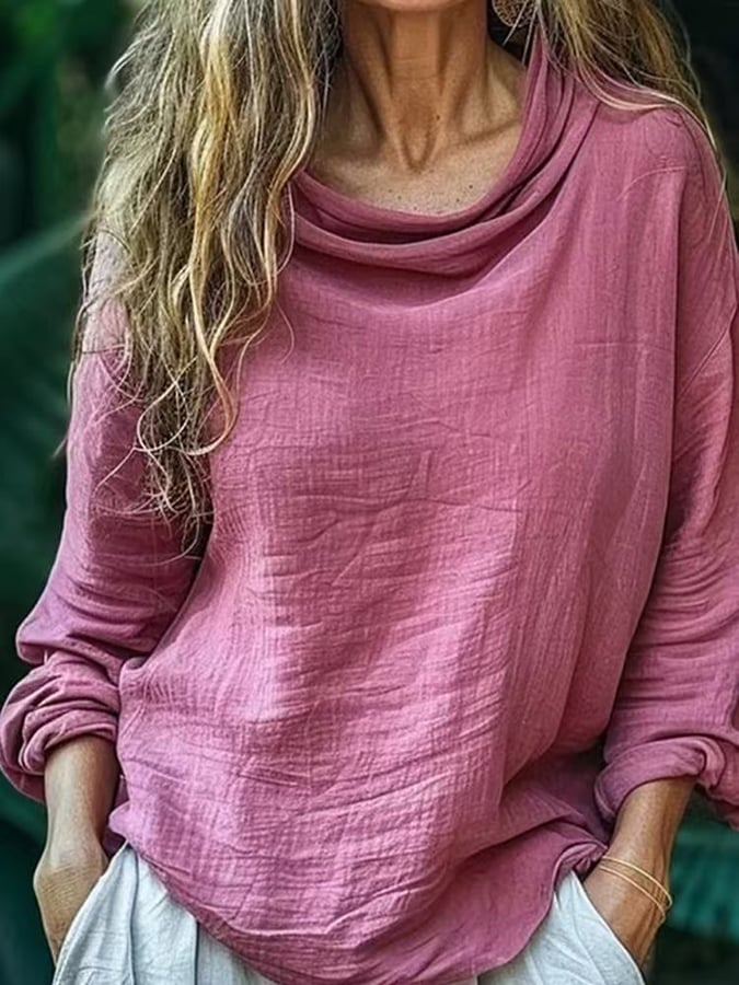 Ladies Pile Collar Pullover Pleated Long Sleeve Loose Casual Shirt 