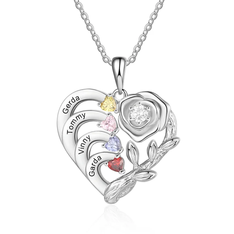 Personalized Mother Rose Necklace 4 Stones Engraved 4 Names Birthstone Intertwined Heart Pendant