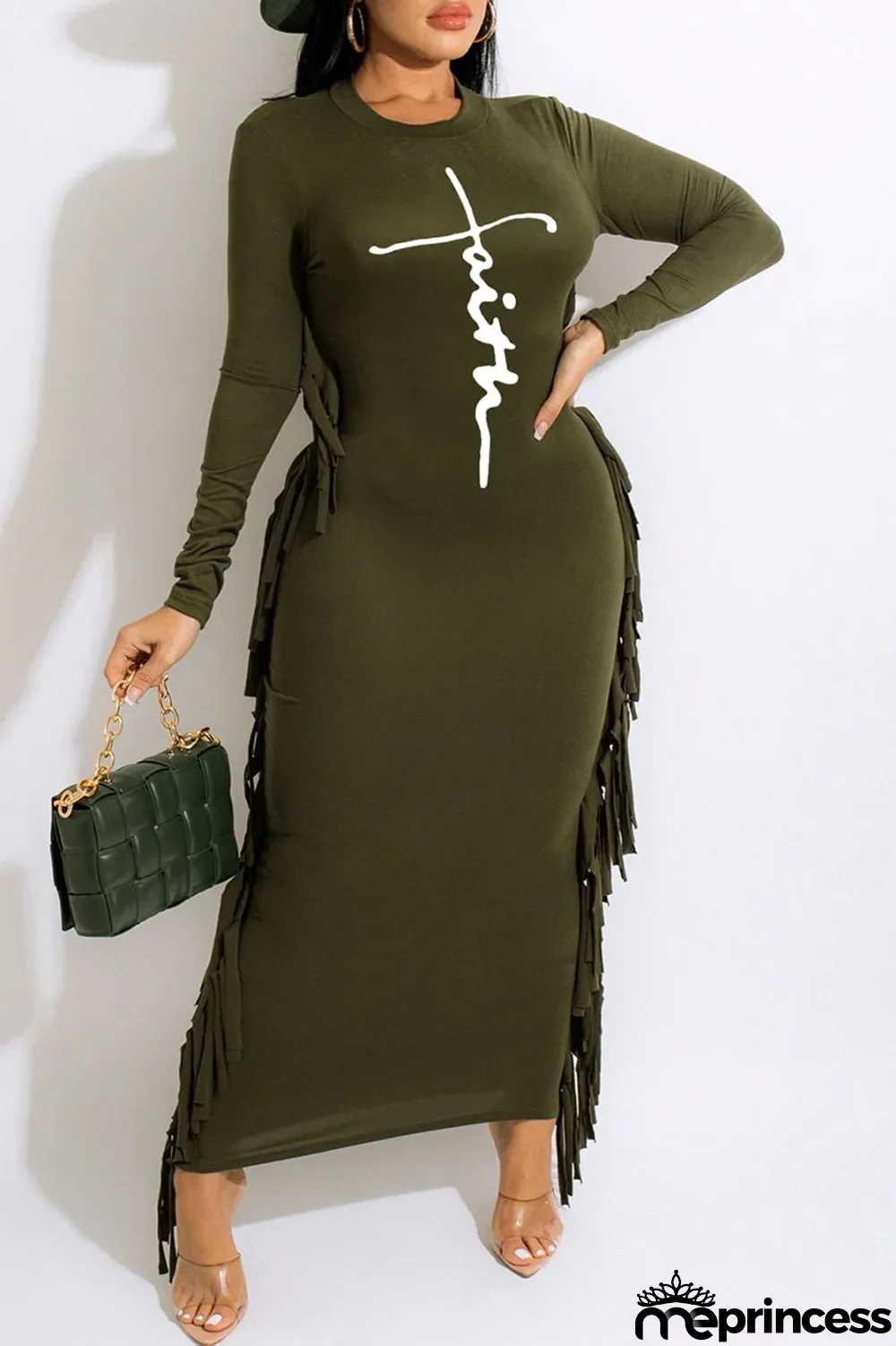 Green Casual Print Tassel Split Joint O Neck One Step Skirt Dresses(Without Belt)