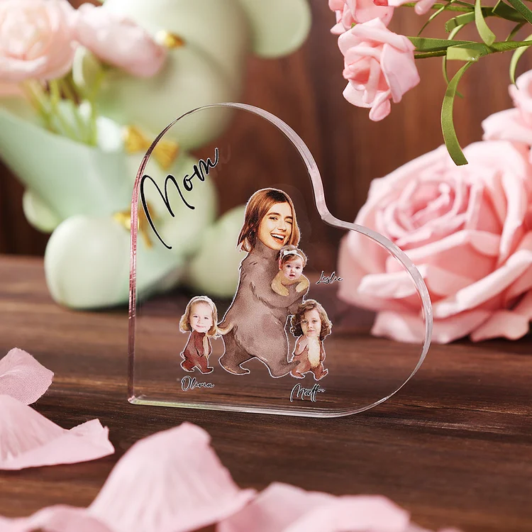 Personalized Acrylic Heart Keepsake Custom 2–6 Names & Photos Bear's Family Ornament Gift for Mother/Grandma