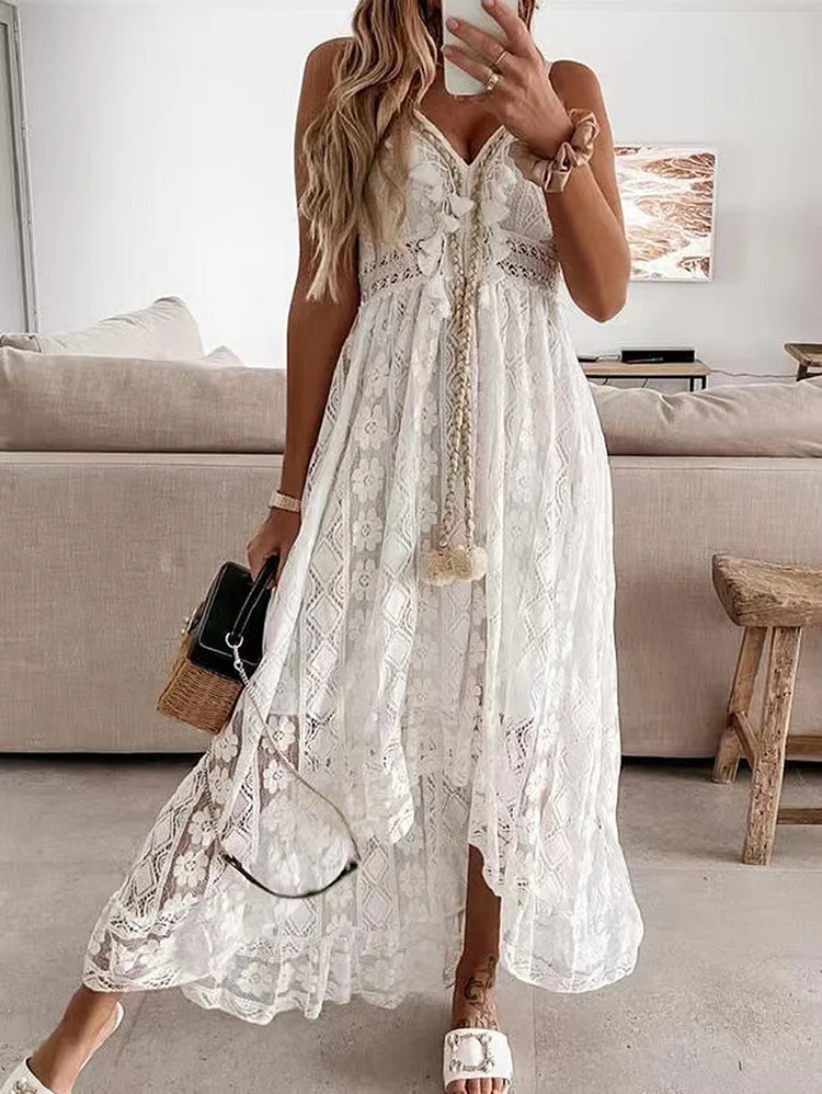 Vacation Lace Floral Fringe Irregular Hem Maxi Dress