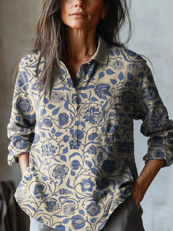 Women's Vintage Lovely Floral Art Print Casual Cotton And Linen Shirt