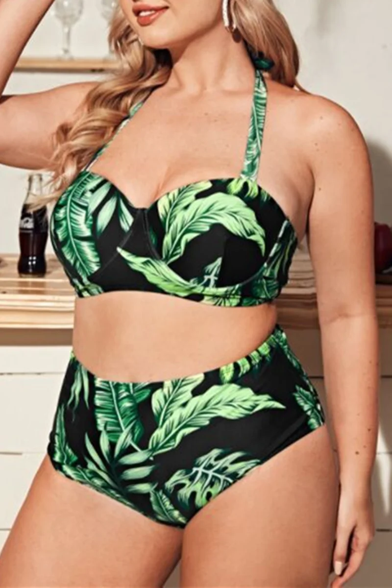 Green Fashion Sexy Dot Bandage Backless Halter Plus Size Swimwear | EGEMISS