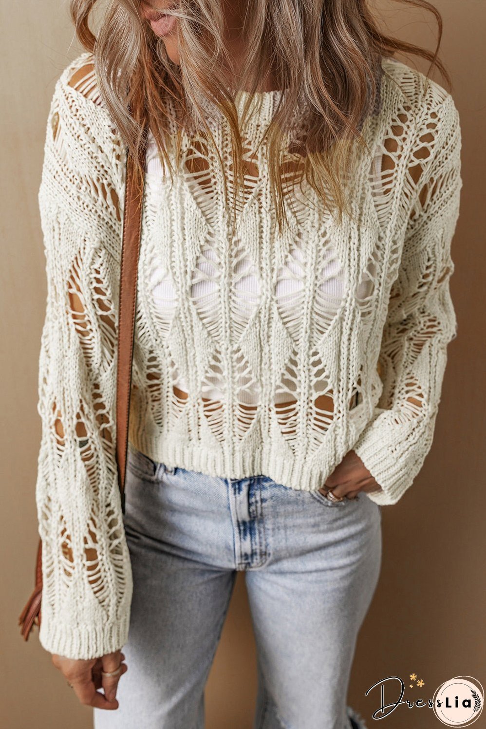 Cut Out Crochet Crew Neck Loose Fit Sweater