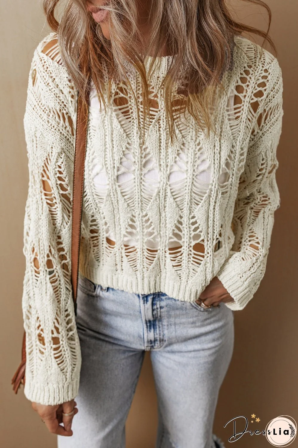 Cut Out Crochet Crew Neck Loose Fit Sweater