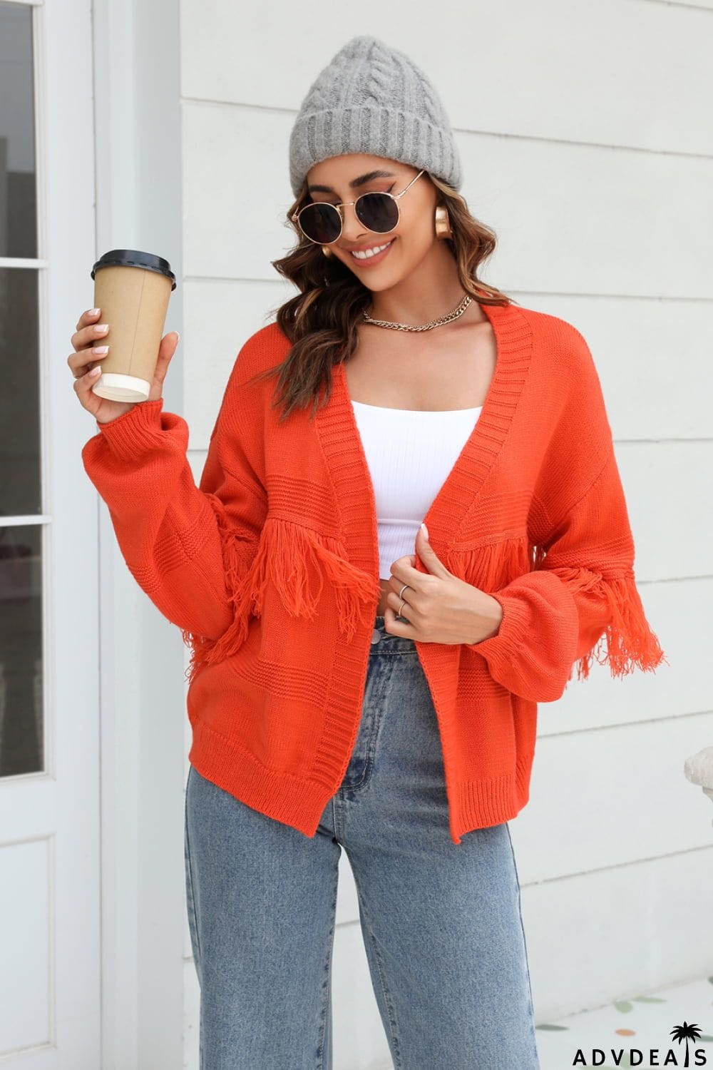 Fringe Trim Open Front Cardigan