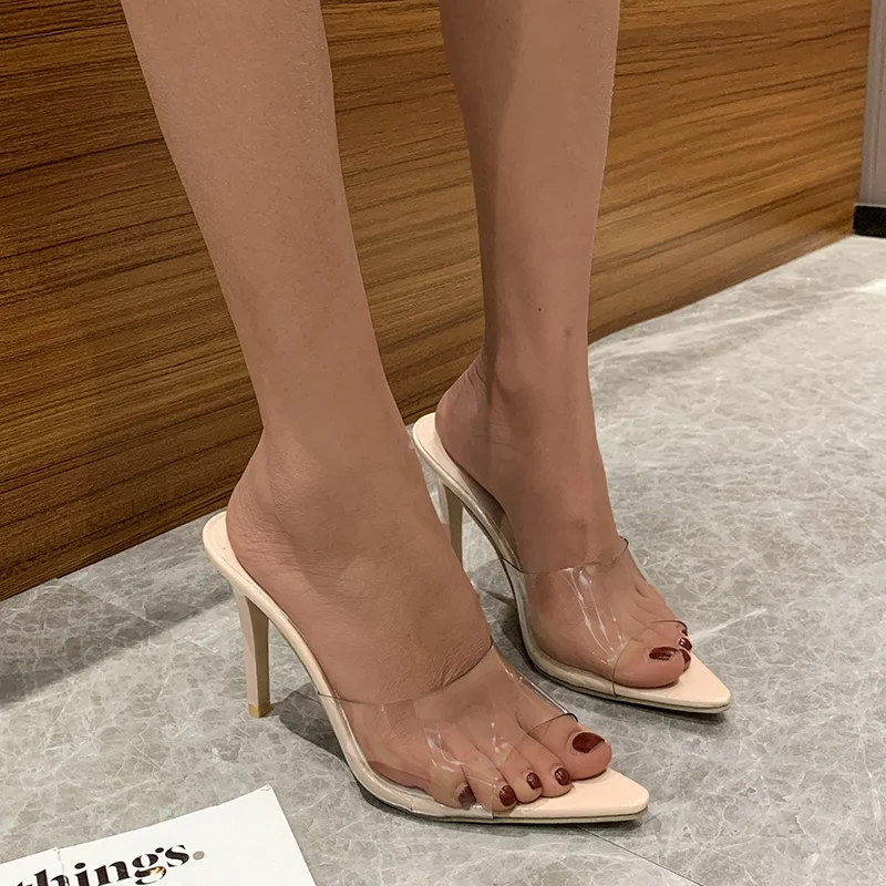 Qengg Summer Women Pumps Transparent PVC Slippers Women Pointed Toe Metal High Heels Sandals Ladies Mules Shoes Size 41 42