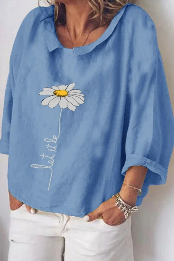 Fashion Lapel Daisy Print Long Sleeve T-shirt