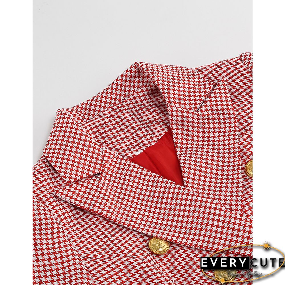 Red Double-breasted Houndstooth Blazer
