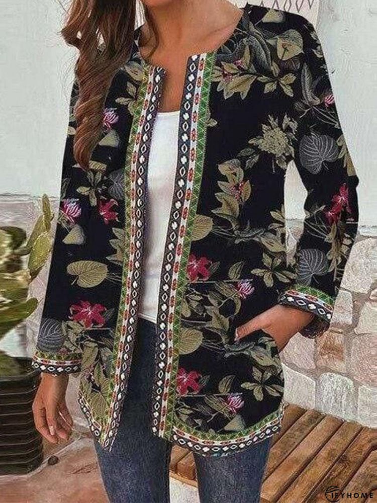 Black Cotton-Blend Long Sleeve Printed Round Neck Knit coat | IFYHOME